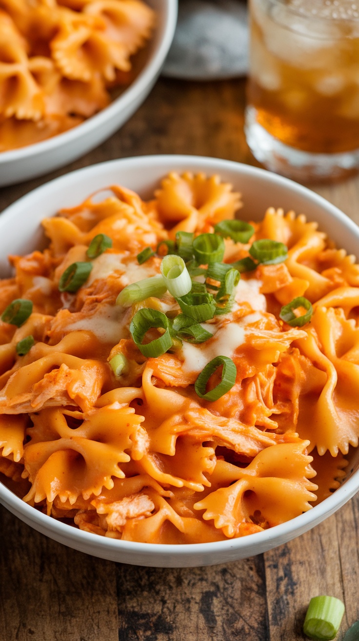 Spicy Buffalo Chicken Pasta Delight A bowl of Spicy Buffalo Chicken Pasta with bowtie pasta, buffalo sauce, and garnished with green onions.